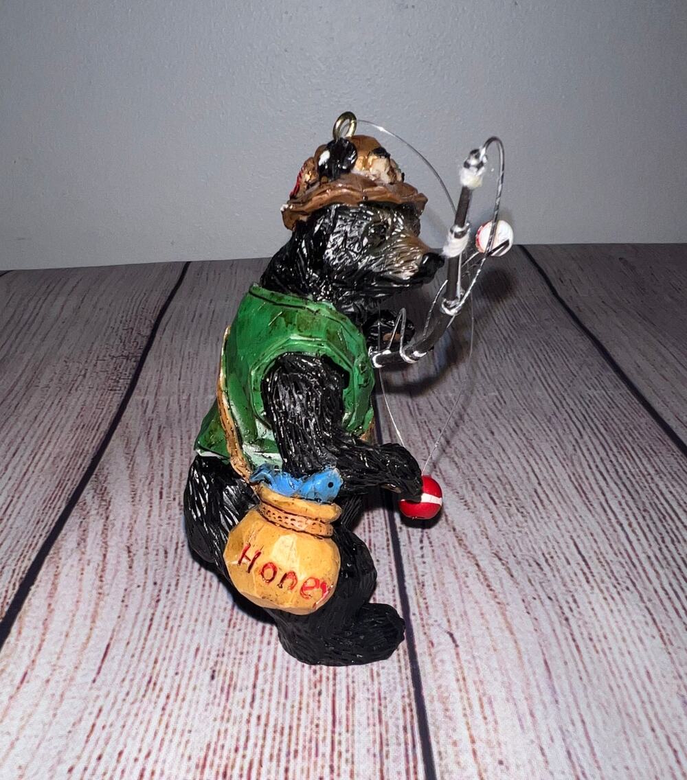 Dark Brown Black Bear Fishing Outdoor Adventure Christmas Ornament Resin